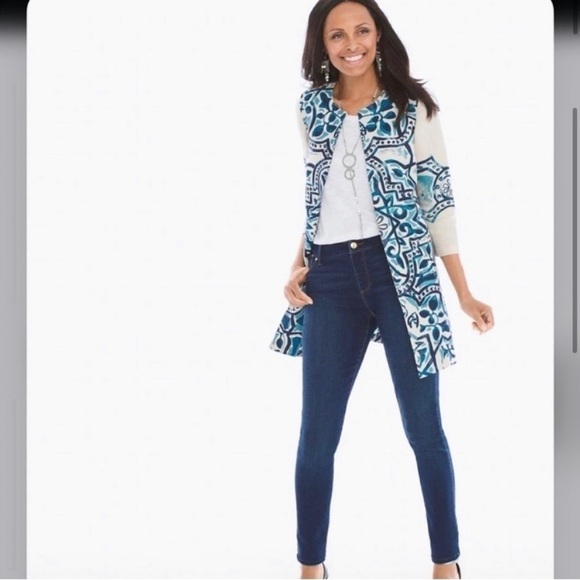 Chico’s Artisan Printed Linen Jacket blue, cream - Picture 4 of 16